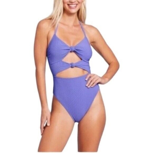 Lavender purple knot ribbed cutout one-piece swimsuit - size XL - Picture 1 of 4